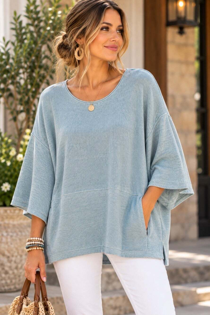 Pure Jill M Cotton Cashmere Light Blue Kimono Sweater Top Dolman Pockets Luxury